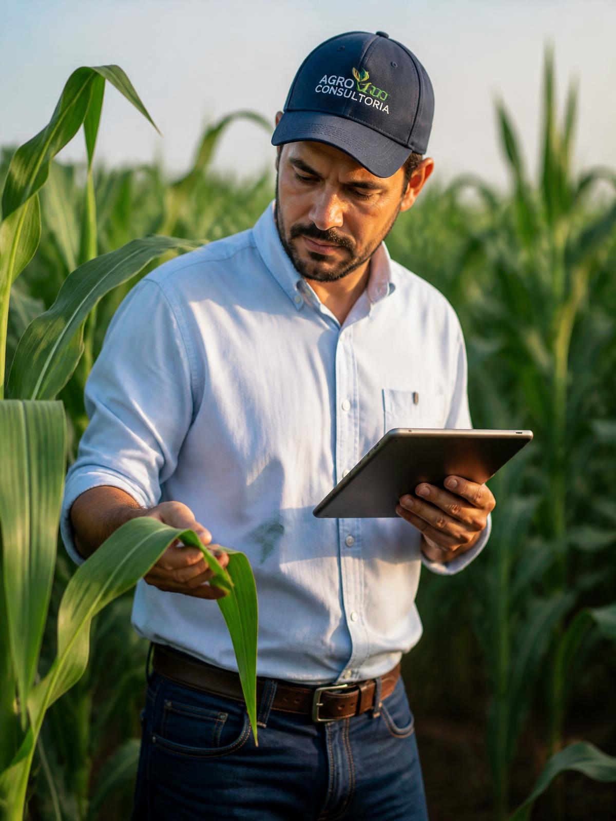 Agrônomo com tablet inspecionando folhas de milho em um talhão